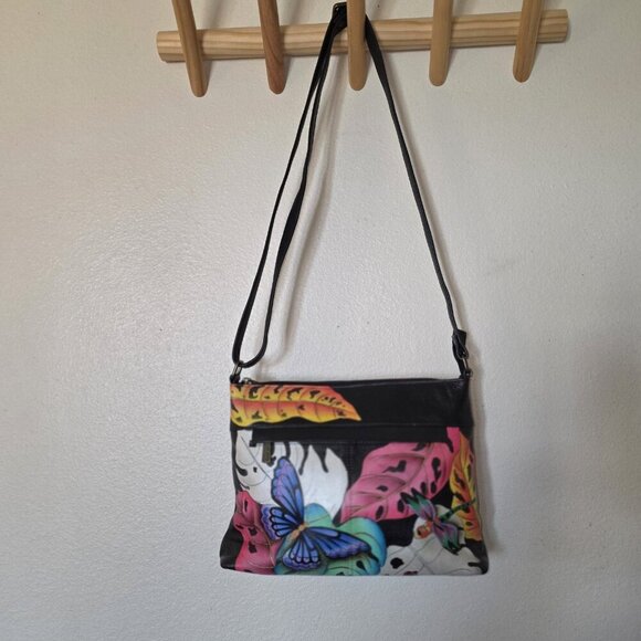 Anna by Anuschka Hand Painted Leather Crossbody Bag Butterfly Dragonfly New - Picture 2 of 16